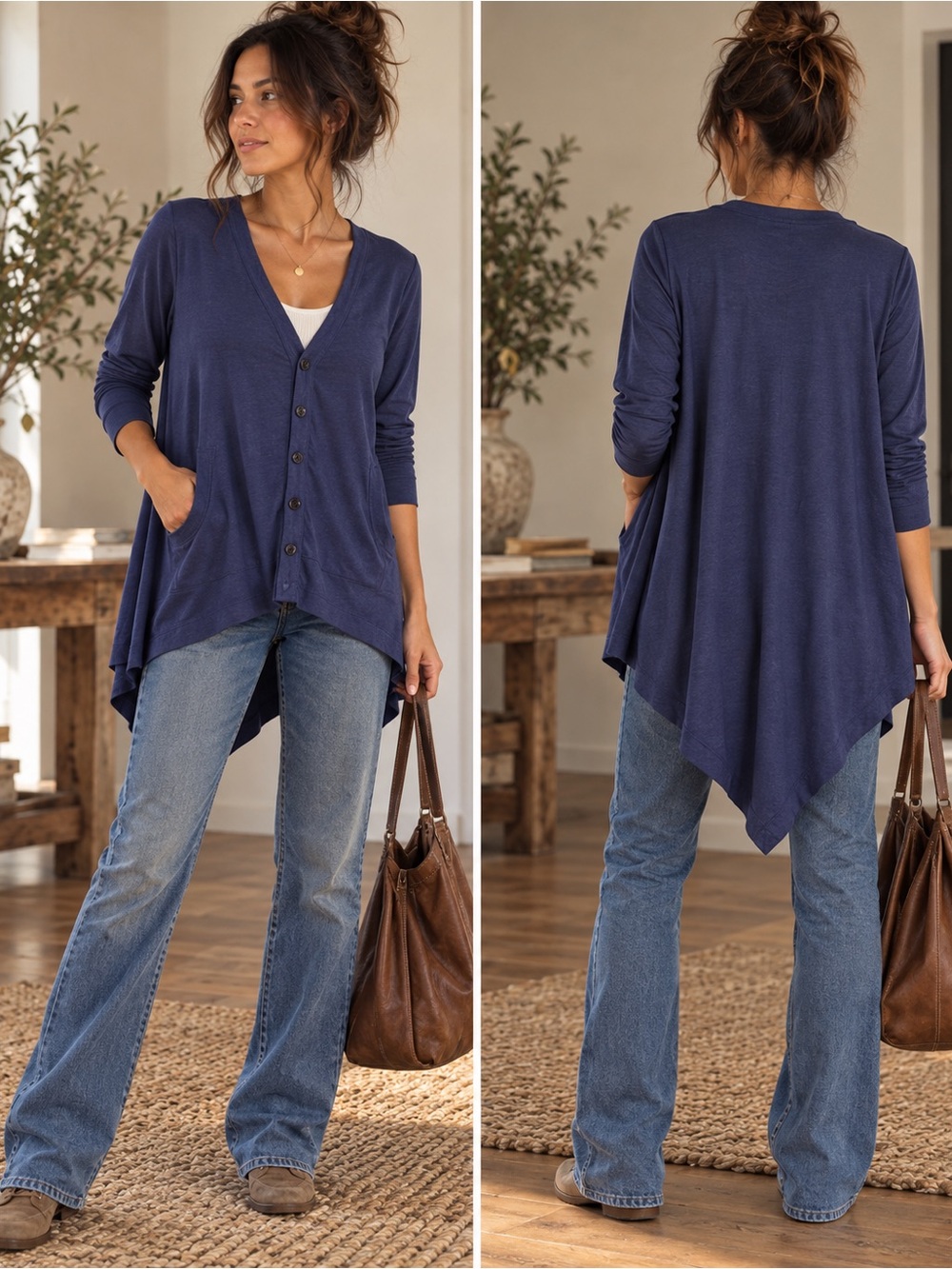 Navy Cotton High Low Cardigan XL Draped Point Hem 3rd Story